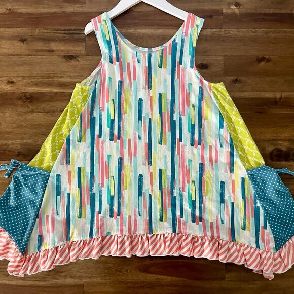 Wildflowers Best Day Ever Watercolor Top Blue Pink Green Sleeveless Knit 14 - Picture 5 of 7